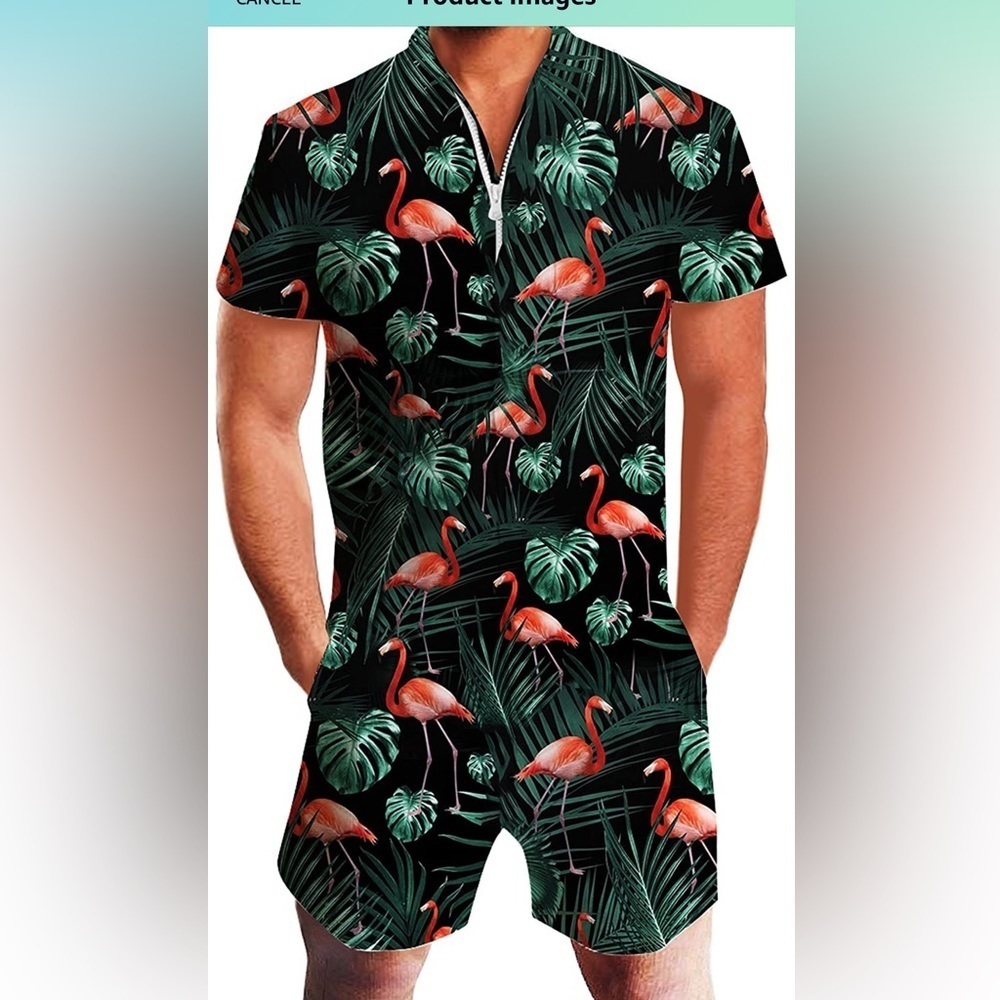 AIDEAONE Mens Casual 3D Printed Short Sleeve Rompers Zip Jumpsuit with P…